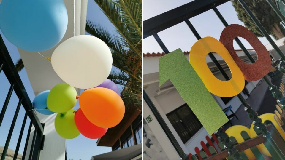 Skolen feirer 100 dager uten smittetilfeller og uten hjemmeskole. Det ble markert med ballonger. Foto: Den Norske Skolen/Iris Aagesen