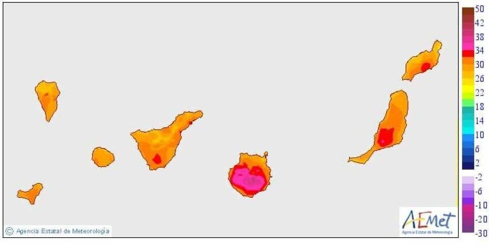 Farevarselet gjelder fra fredag klokken 10:00 - 18:00 for høye temperaturer. Grafikk: Aemet