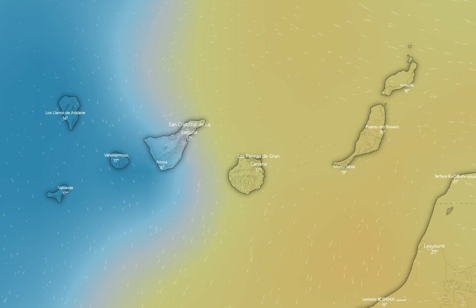 Slik ligger støvskyen over Kanariøyene søndag kveld. Grafikk: Windy.com