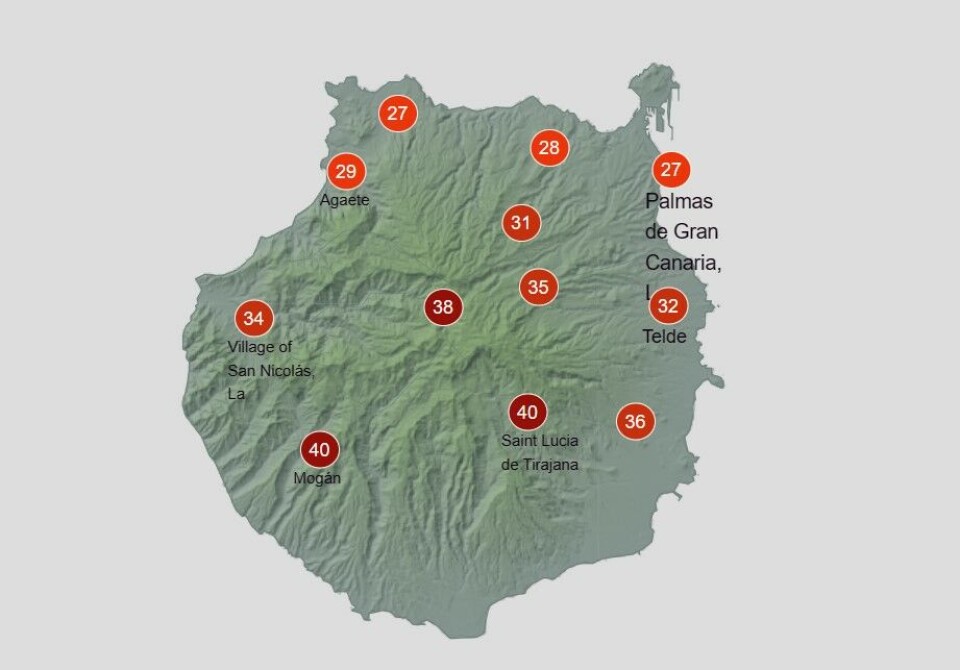Det blir brennhett på Gran Canaria denne torsdagen, spesielt i indre strøk utover ettermiddagen. Grafikk: Aemet
