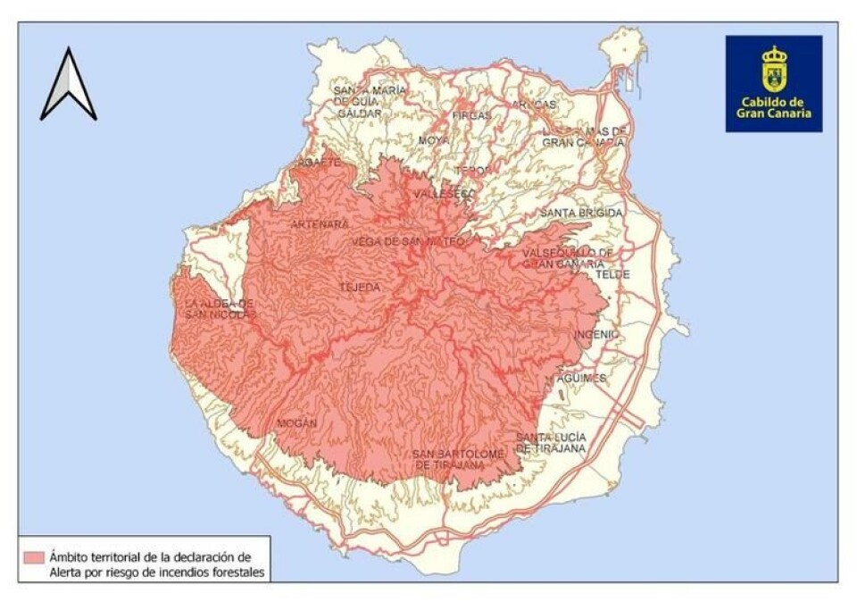 Her er det økt skogbrannfare på Gran Canaria nå. Grafikk: Øyrådet Her er det økt skogbrannfare på Gran Canaria nå. Grafikk: Øyrådet