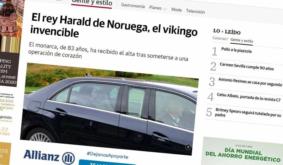 UOVERVINNELIG VIKING: Den kanariske avisen Canarias 7 lar seg tydelig imponere av den norske kongens standhaftighet. Skjermdump: Canarias7.es