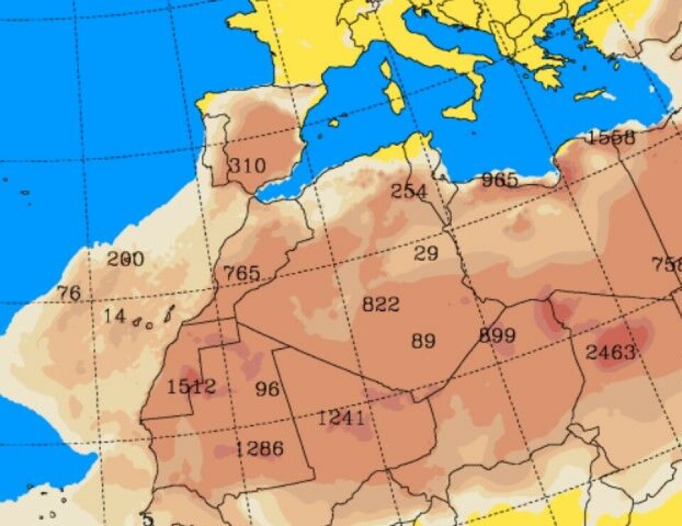 De neste dagene blir preget av calimastøv i lufta. Skjermdump: Apalmet/Aemet/Skyron
