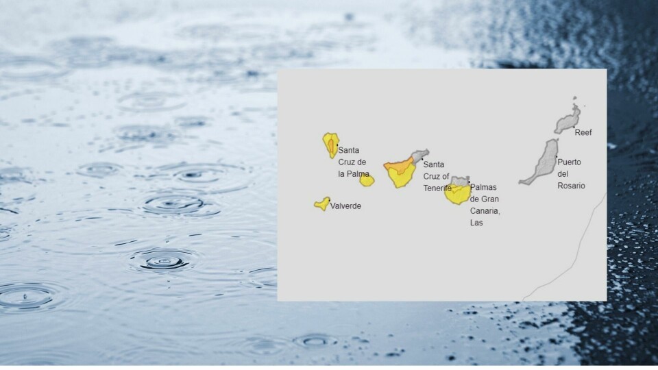 Aemet har sendt ut gult varsel for regn og oransje varsel for sterk vind. Illustrasjon: Envato Elements/Grafikk: Aemet
