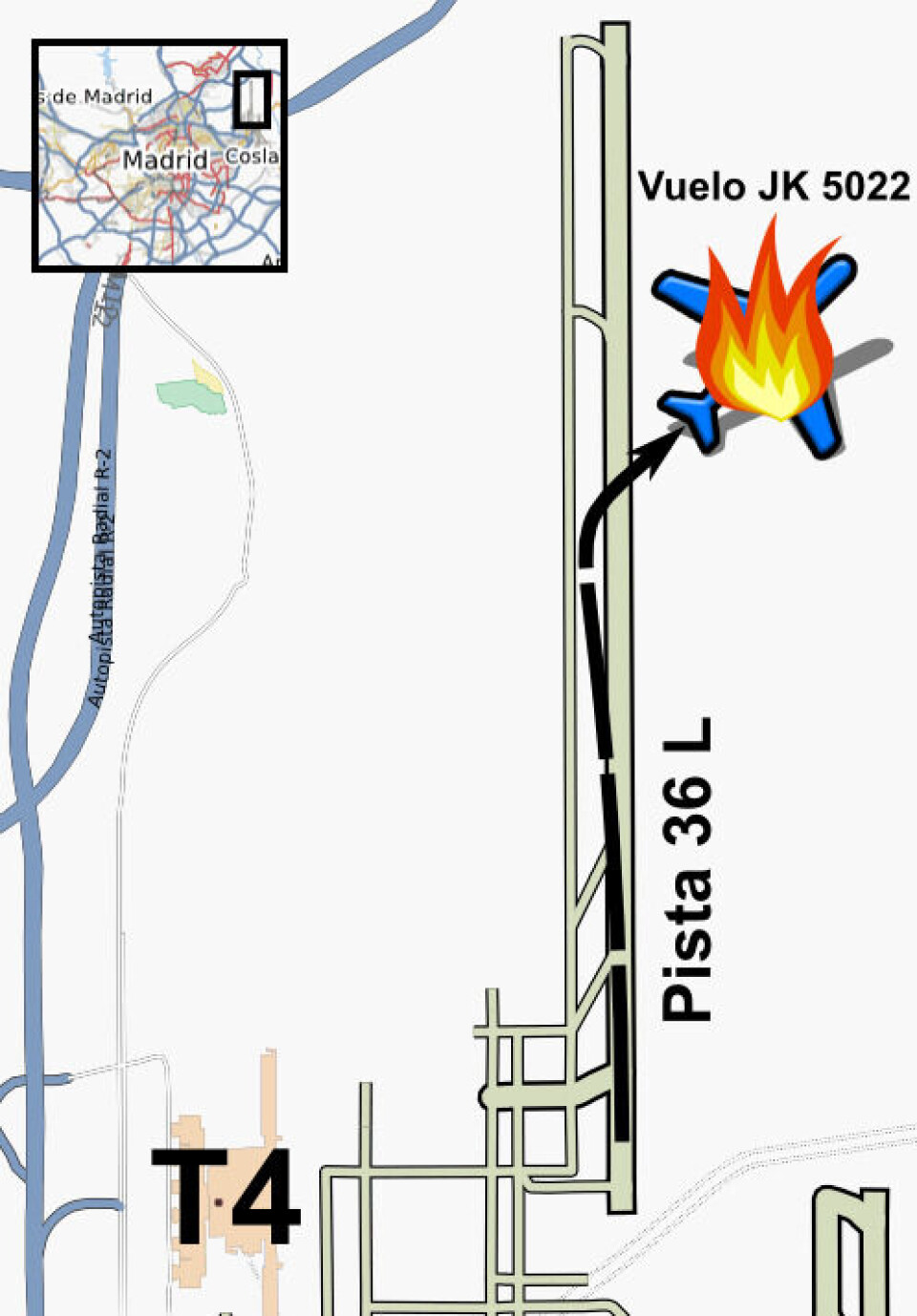MD-82-flyet kom ikke langt før det styret. Grafikk: Av OpenStreetMap contributors. Modifications by Jynus – OpenStreetmap and PD Icons. Referanser: El Mundo El País. Lisens: CC BY-SA 2.0, MD-82-flyet kom ikke langt før det styret. Grafikk: Av OpenStreetMap contributors. Modifications by Jynus – OpenStreetmap and PD Icons. Referanser: El Mundo El País. Lisens: CC BY-SA 2.0,
