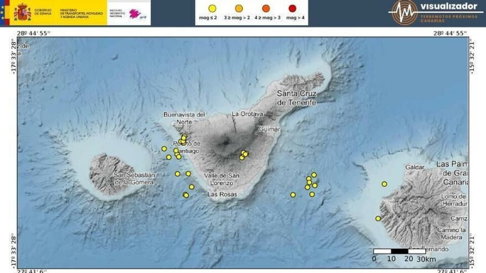 Minst 40 skjelv ble registrert i natt og i morgentimene denne mandagen, vest for Tenerife. Grafikk: IGN