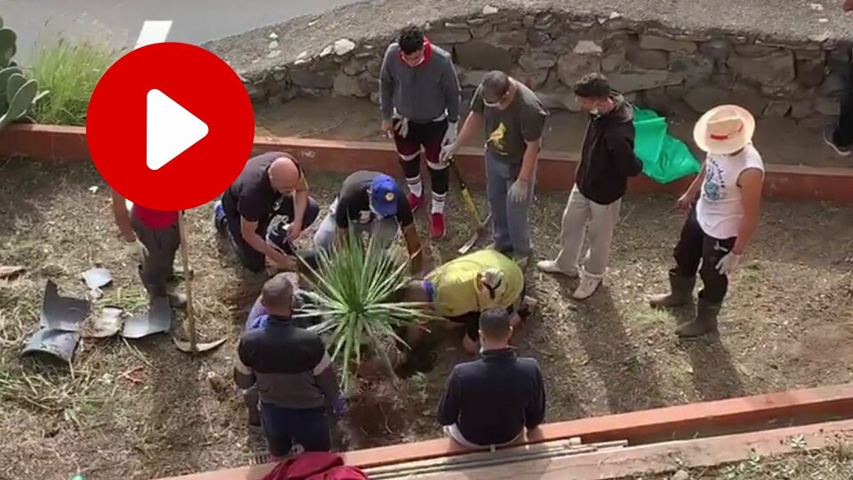 EGET INITIATIV: Migrantene på El León-mottaket i Las Palmas tok spadene fatt for å rydde opp i nærområdet.