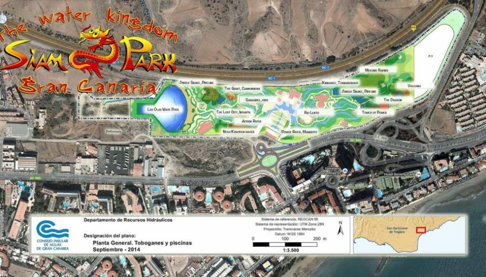 Planen var å bygge en gigantisk vannpark som vil gi rundt 600 arbeidsplasser i kommunen. Prosjektet har møtt på mange hindringer. Grafikk: Siam Park