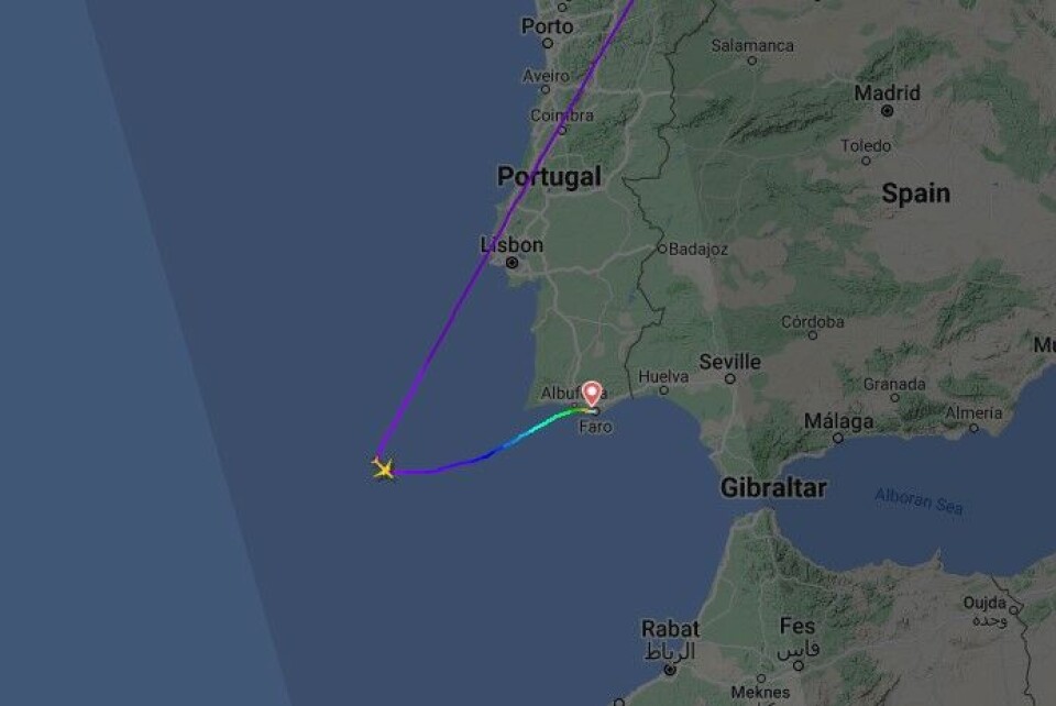 Flyet tok en u-sving sør for Portugal. Skjermdump: Flightradar24. Flyet tok en u-sving sør for Portugal. Skjermdump: Flightradar24.