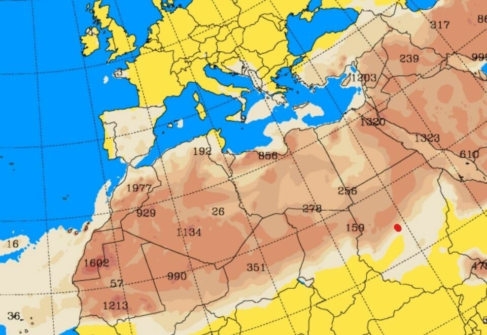 Ny runde med calima og økte temperaturer på Kanariøyene. Skjermdump: Calimamodellen Skyron