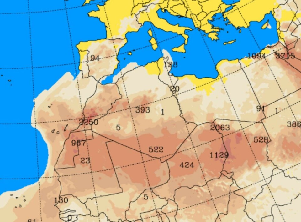 Slik ser prognosene for calima ut på mandag, ifølge calimamodellen Skyron.