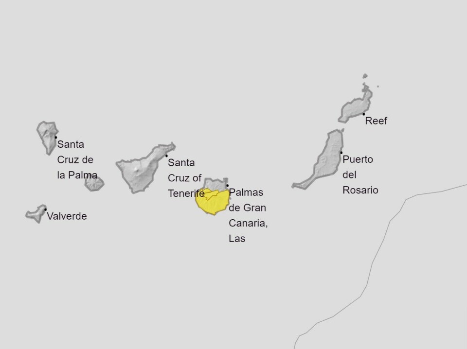 Skjermdump: Aemet varsler temperaturer på over 34 grader på Gran Canaria på mandag.