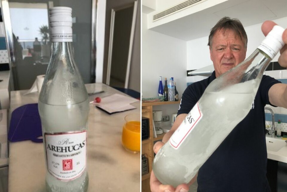Håkon Salomonsen fra Bergen fikk seg et realt rom-sjokk når flaska med Arehucas frøs til is. Foto: Privat