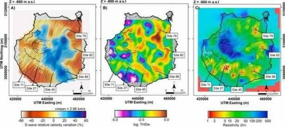 Målingene utført av Involcan viser flere avvik som kan være vulkanske systemer under Gran Canaria. Grafikk: Involcan Målingene utført av Involcan viser flere avvik som kan være vulkanske systemer under Gran Canaria. Grafikk: Involcan