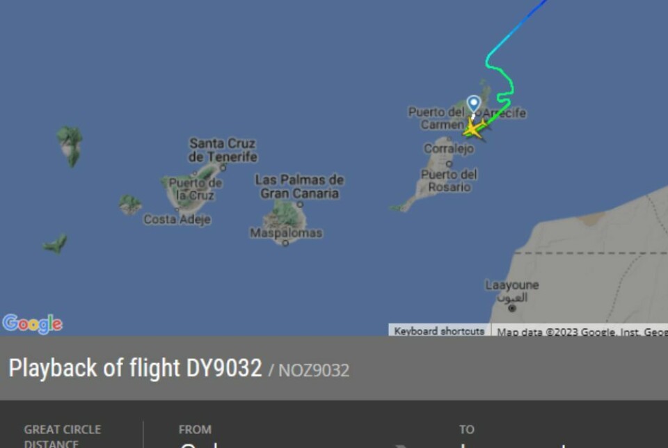 Norwegian kom seg trygt ned på Lanzarote i dag, og slapp dermed å bli omdirigert til Fuerteventura. Flightradar24.com