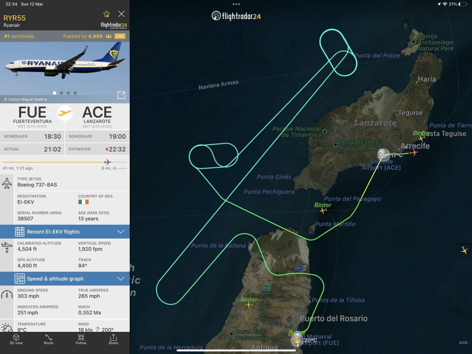 Flere fly måtte omdirigere på grunn av tett tåke på Lanzarote i dag. Skjermdump: Flightradar24
