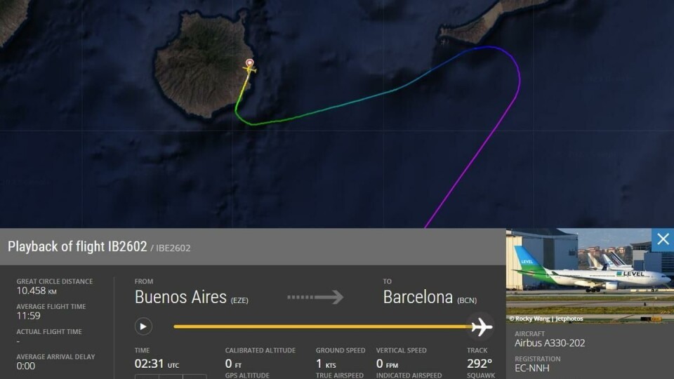 Iberia-flyet måtte nødlande på Gran Canaria da et spedbarn ble akutt syk om bord. Skjermdump: Flightradar24