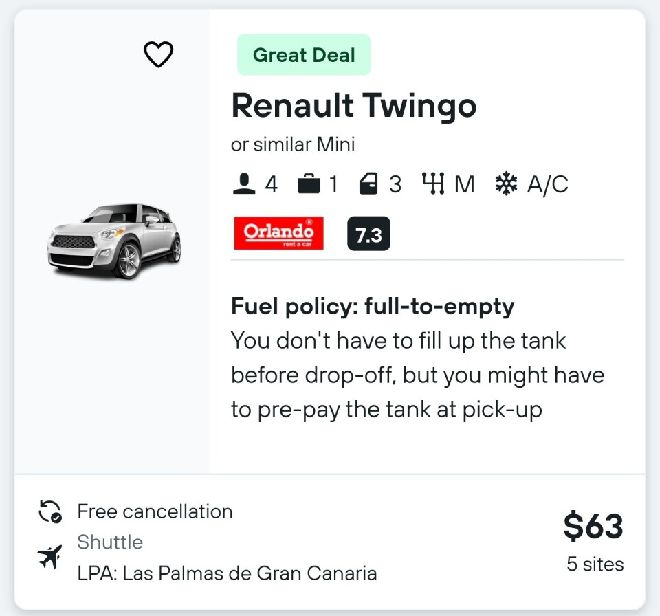 Kun 63 euro for en ukes leiebil på Gran Canaria. Skjermdump: KAYAK Kun 63 euro for en ukes leiebil på Gran Canaria. Skjermdump: KAYAK