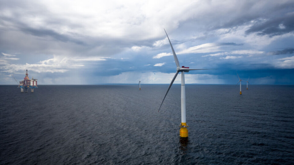 Hywind Tampen flytende vindfarm ved Gullfaks-plattformen - illustrasjon. Foto: Equinor
