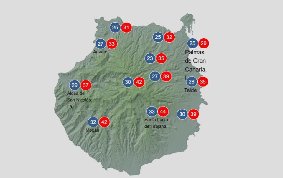 Det er varslet stekende høye temperaturer på Kanariøyene i neste uke. Grafikk: Aemet