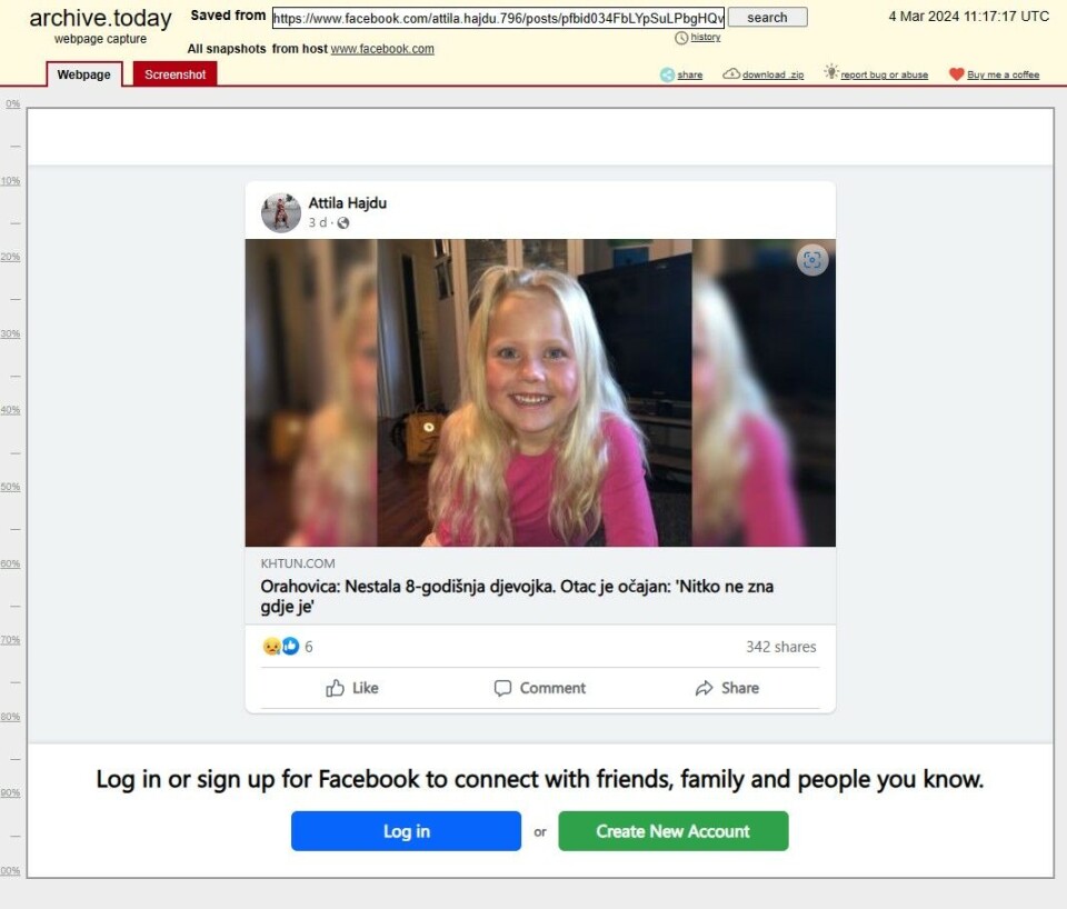 Skjermdump fra en nettside som viser innlegget. Klikker man på det kommer man til en video av den påståtte kidnappingen, men du får ikke se videoen før du har gitt fra deg personopplysninger, logget på med Facebook-kontoen din eller delt. Gjør du noen av delene, havner informasjonen din hos svindlere. Skjermdump fra en nettside som viser innlegget. Klikker man på det kommer man til en video av den påståtte kidnappingen, men du får ikke se videoen før du har gitt fra deg personopplysninger, logget på med Facebook-kontoen din eller delt. Gjør du noen av delene, havner informasjonen din hos svindlere.