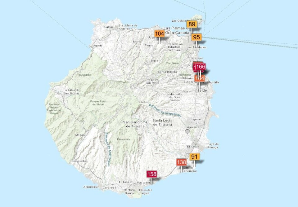 I skrivende stund er det helseskadelige støvverdier både sør og nord på Gran Canaria. Grafikk: waqi.info I skrivende stund er det helseskadelige støvverdier både sør og nord på Gran Canaria. Grafikk: waqi.info
