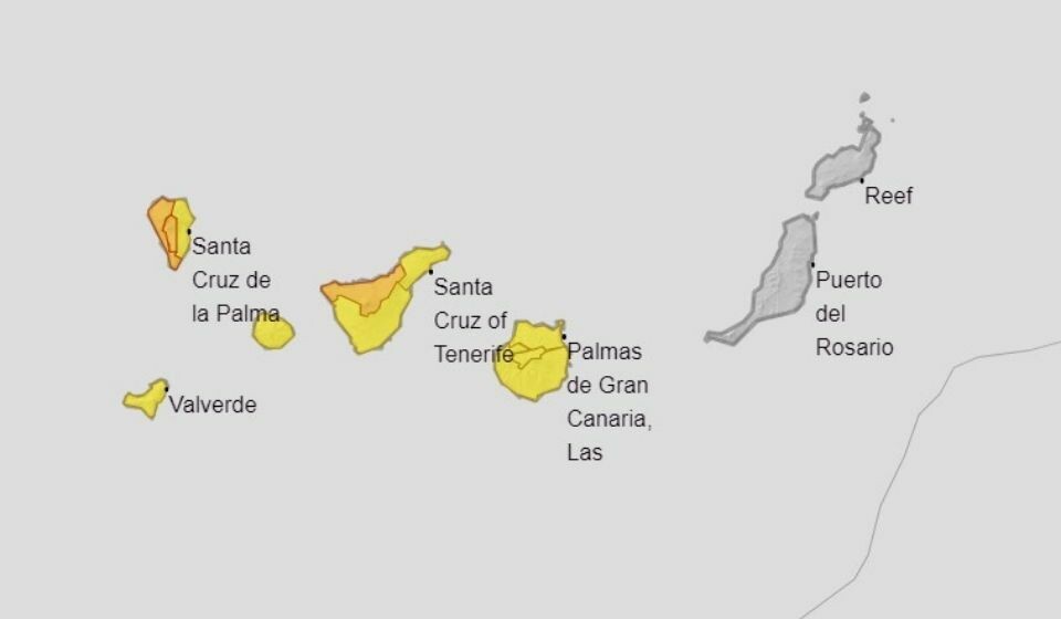FAREVARSEL: Oransje farenivå på Tenerife og La Palma på grunn av uværet Bárbara. Grafikk: Aemet