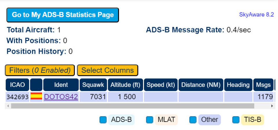 ADS-B-utstyret til en tipser fikk et opp et mulig militært fly i nærheten, som flyr helt nede på 1500 fots høyde mandag kveld. ADS-B-utstyret til en tipser fikk et opp et mulig militært fly i nærheten, som flyr helt nede på 1500 fots høyde mandag kveld.