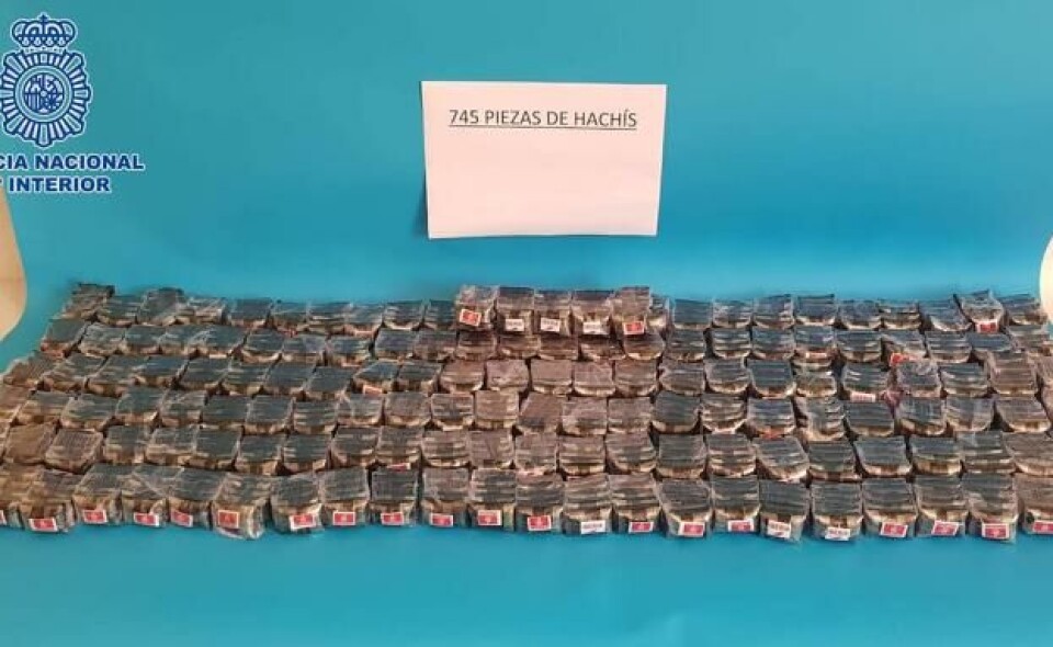 15 KILO HASJ: Politiet tok beslag i 745 biter med hasj, fordelt på pakninger á 20 gram. Foto: Policia Nacional