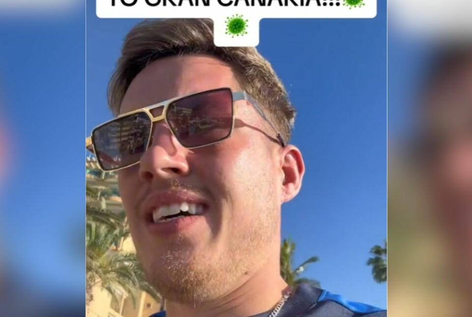 Foto: Skjermdump av videoen hvor en britisk turist advarer mot smittefaren på Gran Canaria.