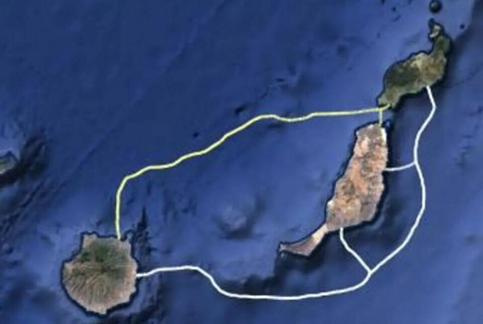 Dette er den planlagte ruta for den nye sjøkabelen. Grafikk: Canalink/Google Maps