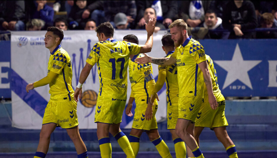 JUBEL: Her feirer Las Palmas etter scoring fra Oli McBurnie.