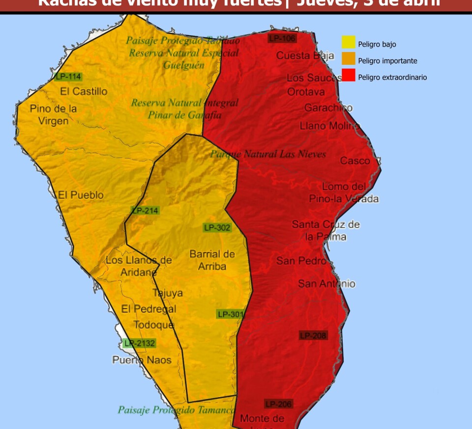 RØDT: Områdene i rødt på La Palma kan vente seg vindkast på opp mot 130 km/t. Det tilsvarer orkan styrke.