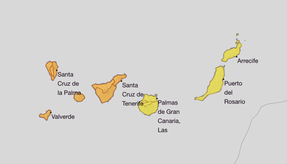 FAREVARSEL: Varsler regn, torden, hagl og sterk vind på Kanariøyene.