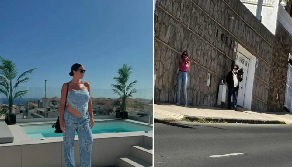 T.h. er influenser Anabel Pantoja. T.v. er et kamerateam som har fulgt etter familien i flere dager.