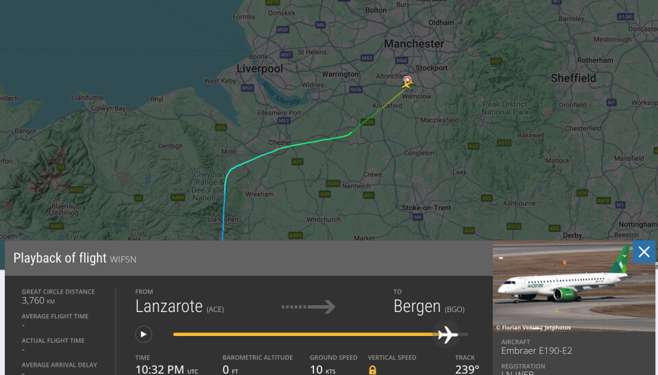 MÅTTE NØDLANDE: Widerøe-flyet fra Lanzarote måtte foreta en medisinsk nødlanding i Manchester.