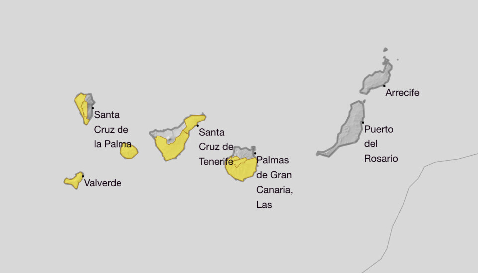 Slik ser varselet ut på mandag. Men hetebølgen starter i sør, øst og vest på Gran Canaria allerede denne søndagen.