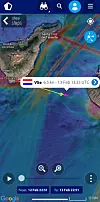 AIS-kart på mobilskjerm viser seilbåten Vlies kurs mellom Tenerife og Gran Canaria.